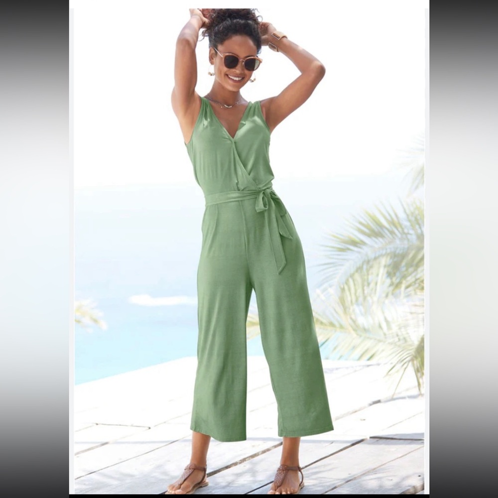 VENUS Green Wrap-Style Jumpsuit with Tie Belt
